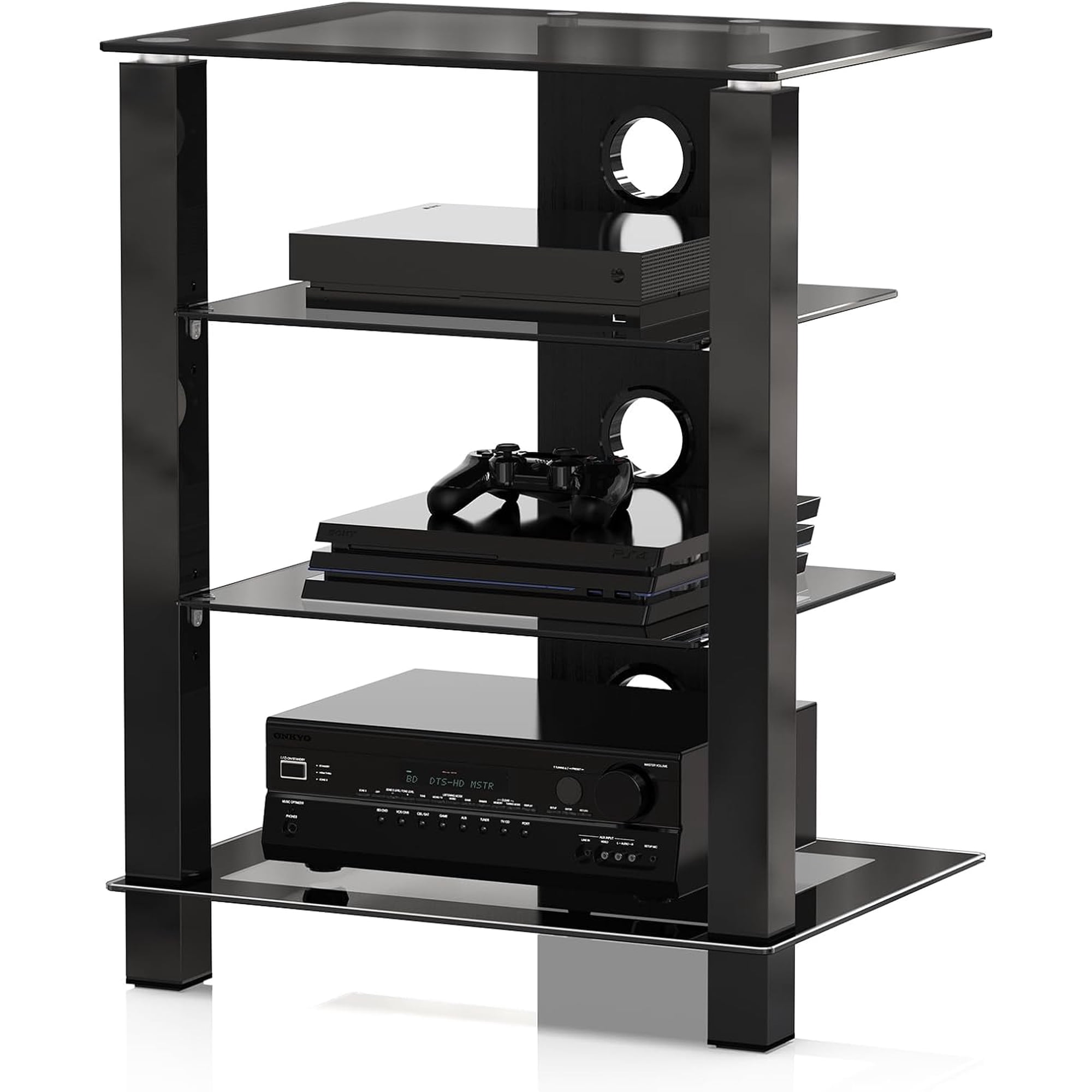 FITUEYES 4-Tier AV Media Cabinet with Tempered Glass Shelves, Black