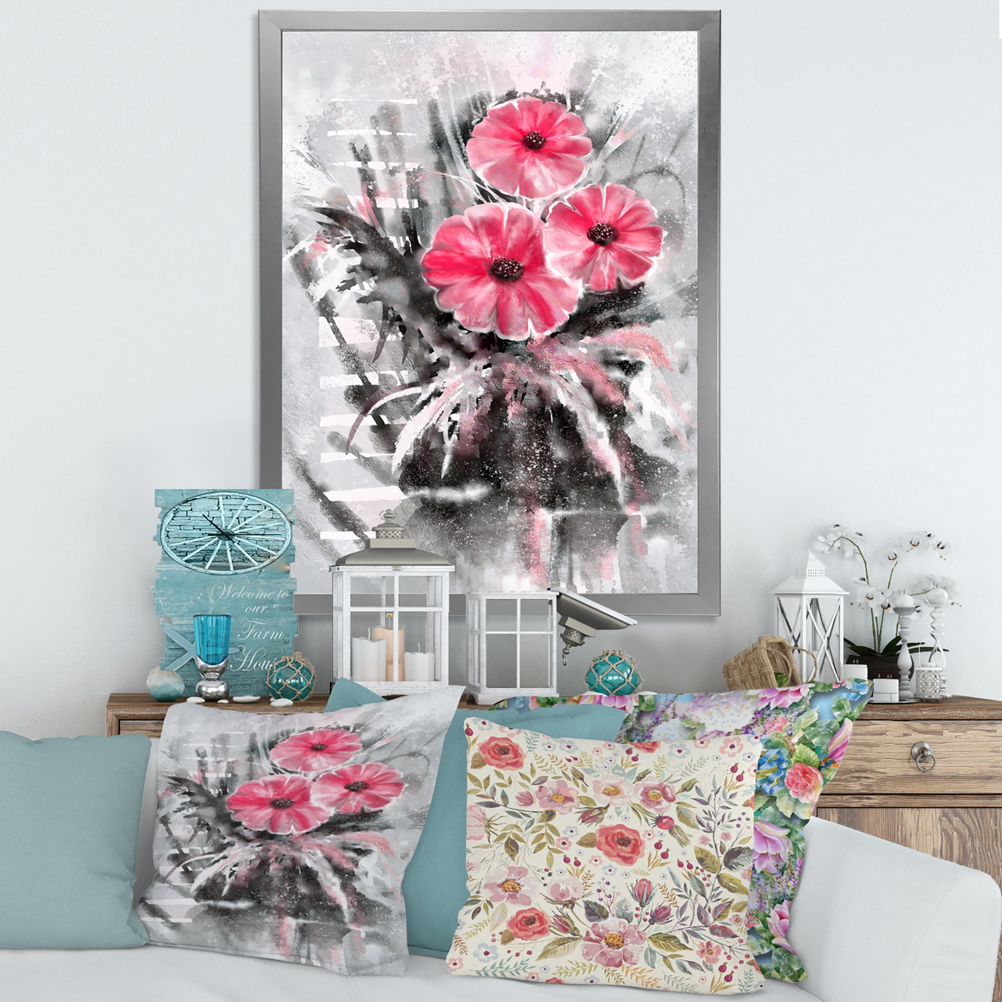 Designart 'Abstract Red Flowers On Gray Background' Traditional Framed Art Print