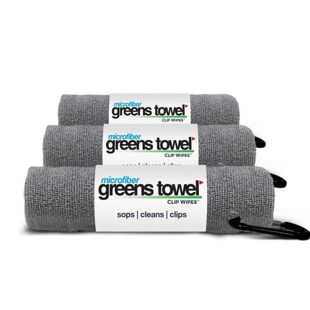 Greens Towel Ensemble de 3 Serviettes de Golf Argentées pour Sacs de Golf avec Clip Tissu en Microfibre Peluche 16x16 l'Original (Argent Éclatant)