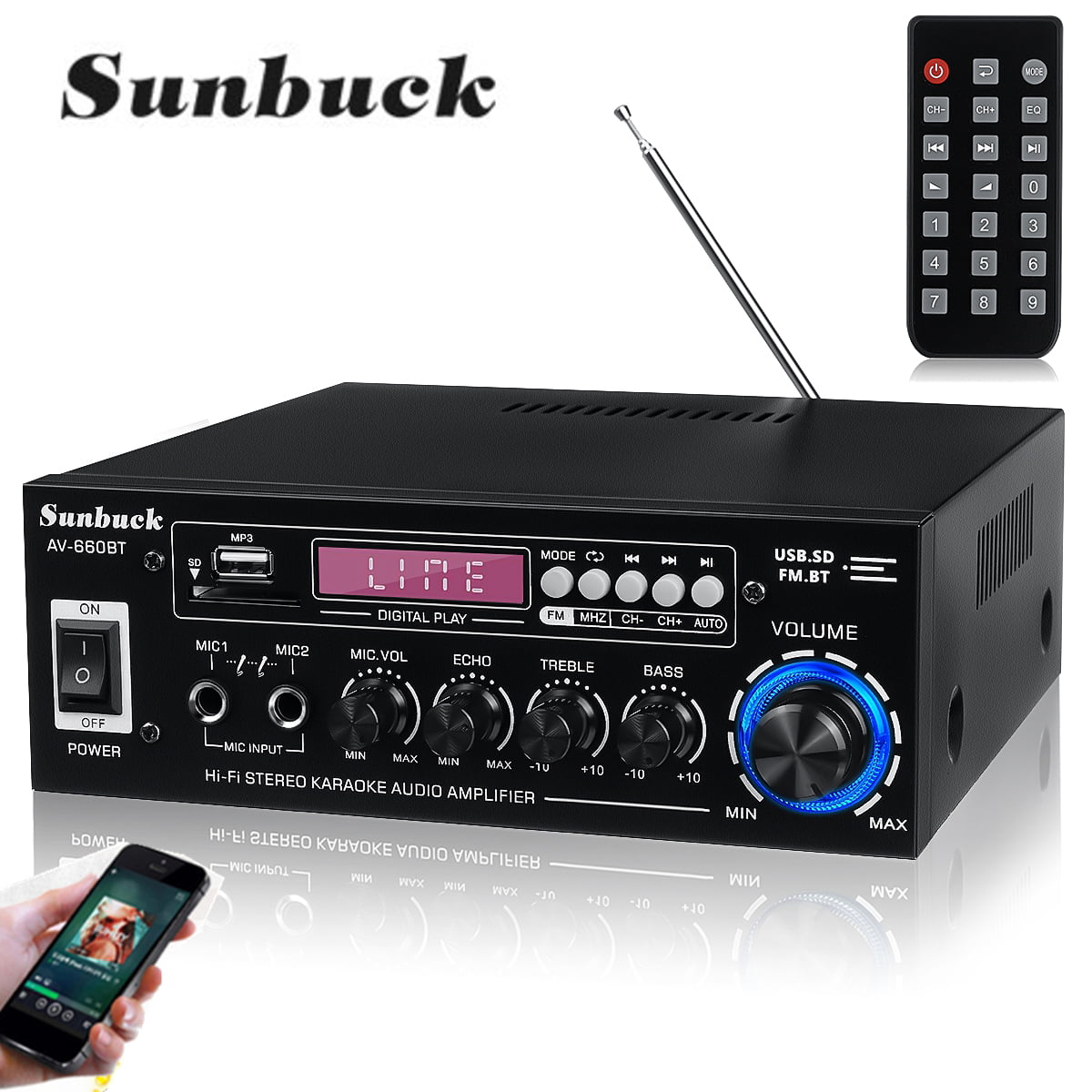 110V Power Home Stereo Amplifier Receiver, Audio Amplifier Speacker Radio Mic Input USB High Power For Car Home Use Support USB Disk/Max 64GB SD Card (Not included