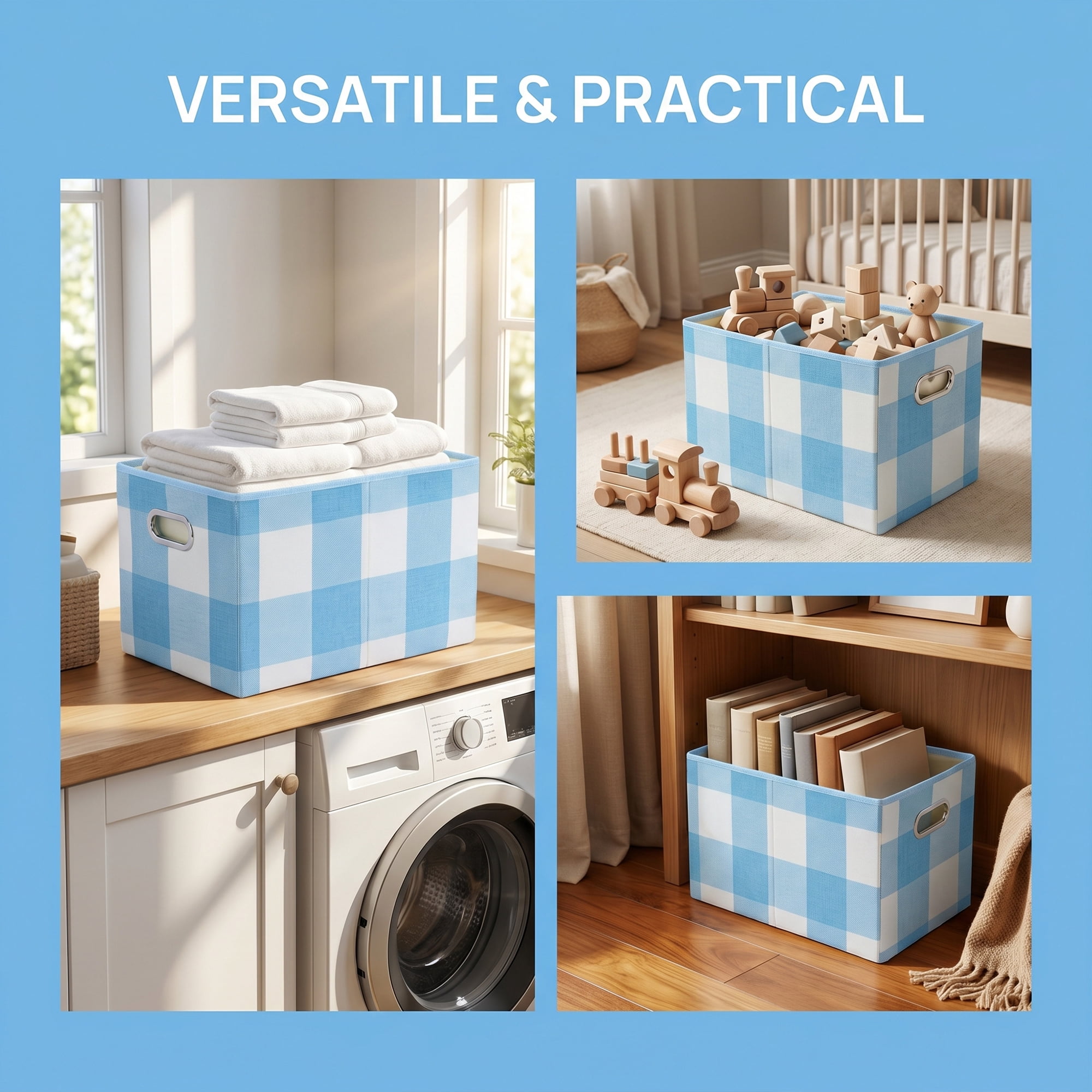Unique Bargains Storage Bin with Handles for Shelves Closet Blue 11.8" x 19.7" x 11.8"