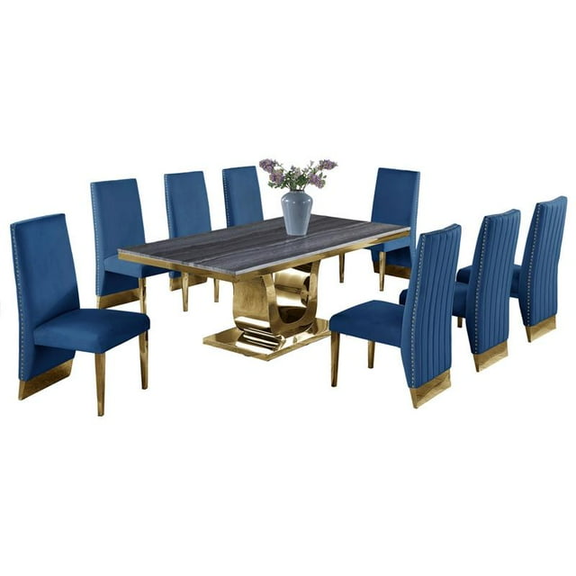 Gray Marble Dining Set with Gold Stainless Steel and Navy Blue Velvet Chairs