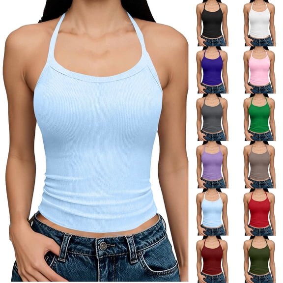 Titcea Tank Tops for Women, Ribbed Halter Open Back Sleeveless Shirts, Fashion Slim Outdoor Cropped Tank Tops, S-2XL
