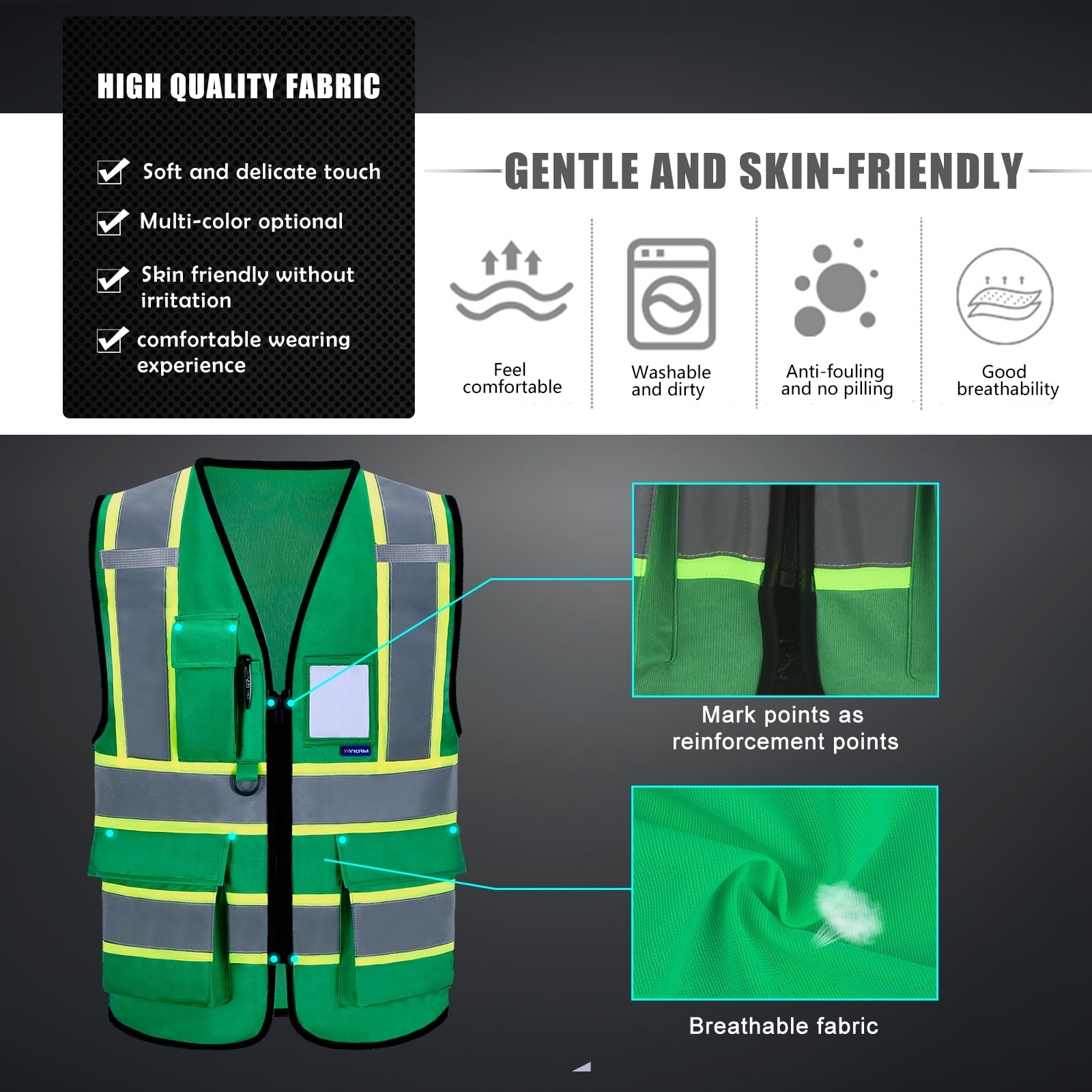 AYKRM Green High Vis Reflective Small Safety Vest for Women Men Security Pocket Zipper