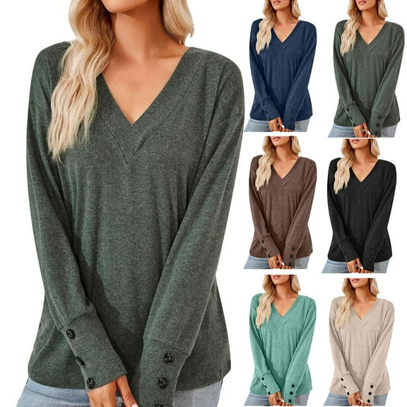 GSPCLAM V Neck Blouse for Women Casual Long Sleeve Shirts Solid Color Trendy Fall Well-Fitting T-Shirts Green XL