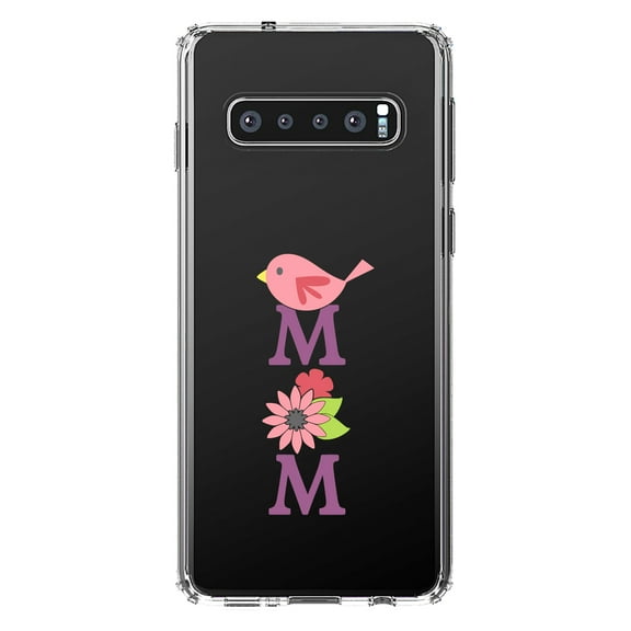 DistinctInk Clear Shockproof Hybrid Case for Samsung Galaxy S10 (6.1" Screen) - TPU Bumper Acrylic Back Tempered Glass Screen Protector - Mom - Pink Bird & Flowers