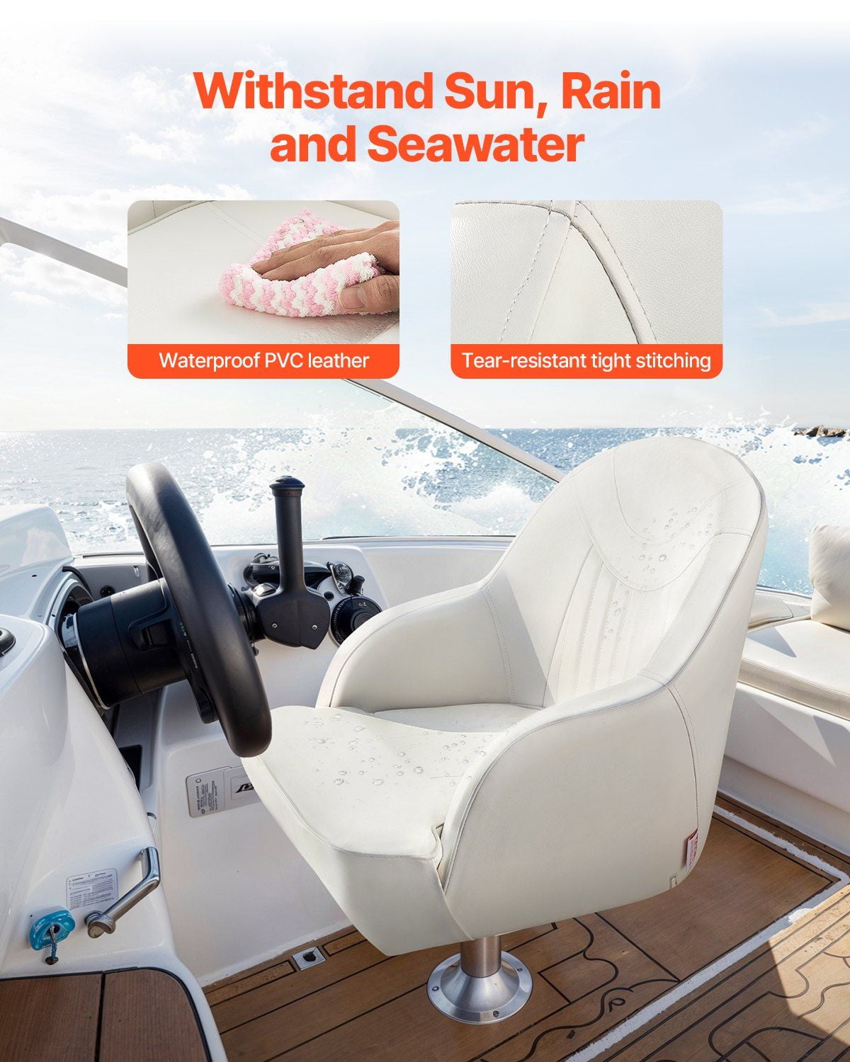 Boat Seat, Low Backrest, Boat Seat Captain Bucket Seat with Thickened Sponge Cushion & Waterproof PVC Leather, Ergonomic Design, Suitable for Fishing Boats, Yachts, Ships, White