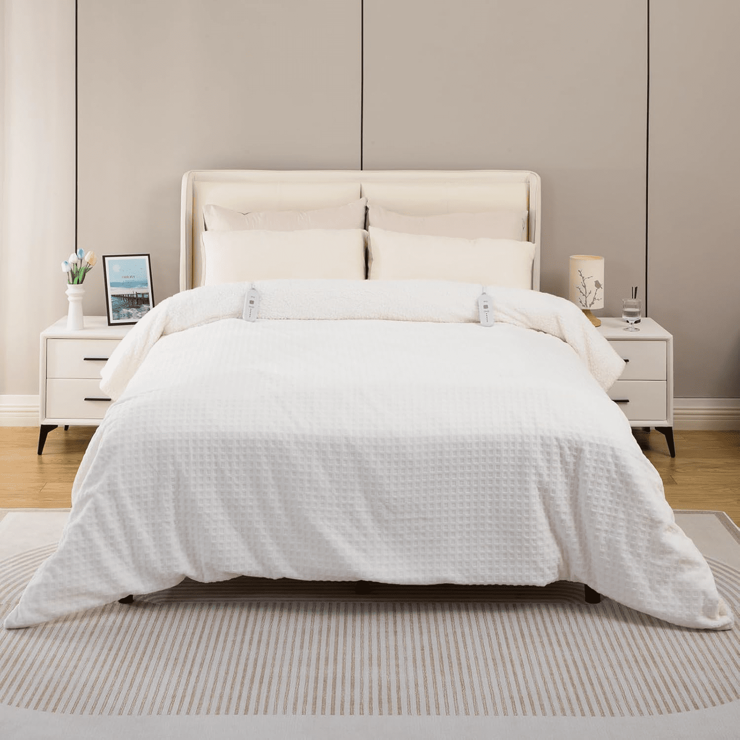 Dowin Electric Blanket King Size - Waffle Heated Blanket with Dual Control, 5 Heating Levels, 10 Hrs Auto Off, Sherpa Fleece Warming Blanket for Bed, Machine Washable, 90x100 Beige