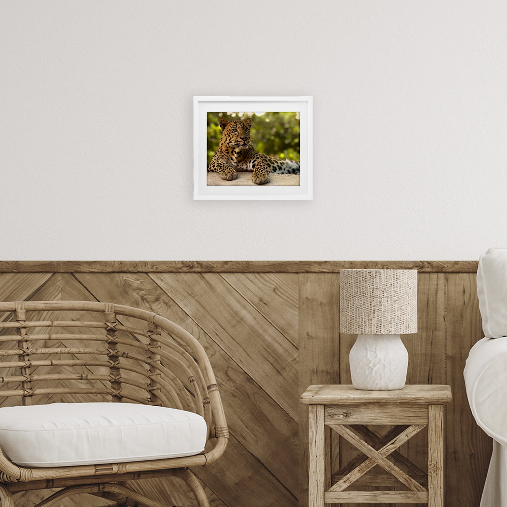 Leopard Gazing Relaxation White Framed Print Under Glass, design by MJ Photography