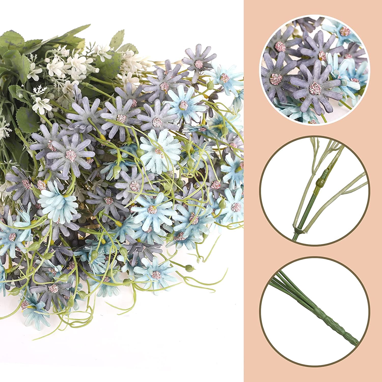 Morttic 12PCS Artificial Wildflowers Daisy Bundles Fake Silk Flowers Greenery Plastic Faux Plants UV Resistant Cemetery Floral for Grave Vase Arrangements Outdoor Decor (Blue)