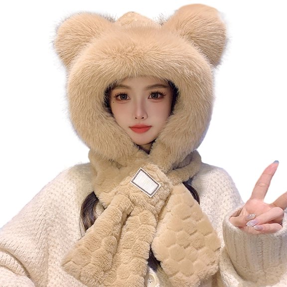 AJGRHE Winter Hat with Scarf Set Thickened Warm Cute Bear Ear Design Plaid Pattern for Outdoor Activities Casual Daily Wear Brown2 One Size