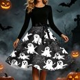 thumbnail image 6 of Karymi Dresses for Women Halloween Print Swing Midi Dress, Solid Crew Neck Long Sleeve Satin Bow Waist Vintage A Line Party Costume Dress Maxi Dresses for Women, 6 of 6