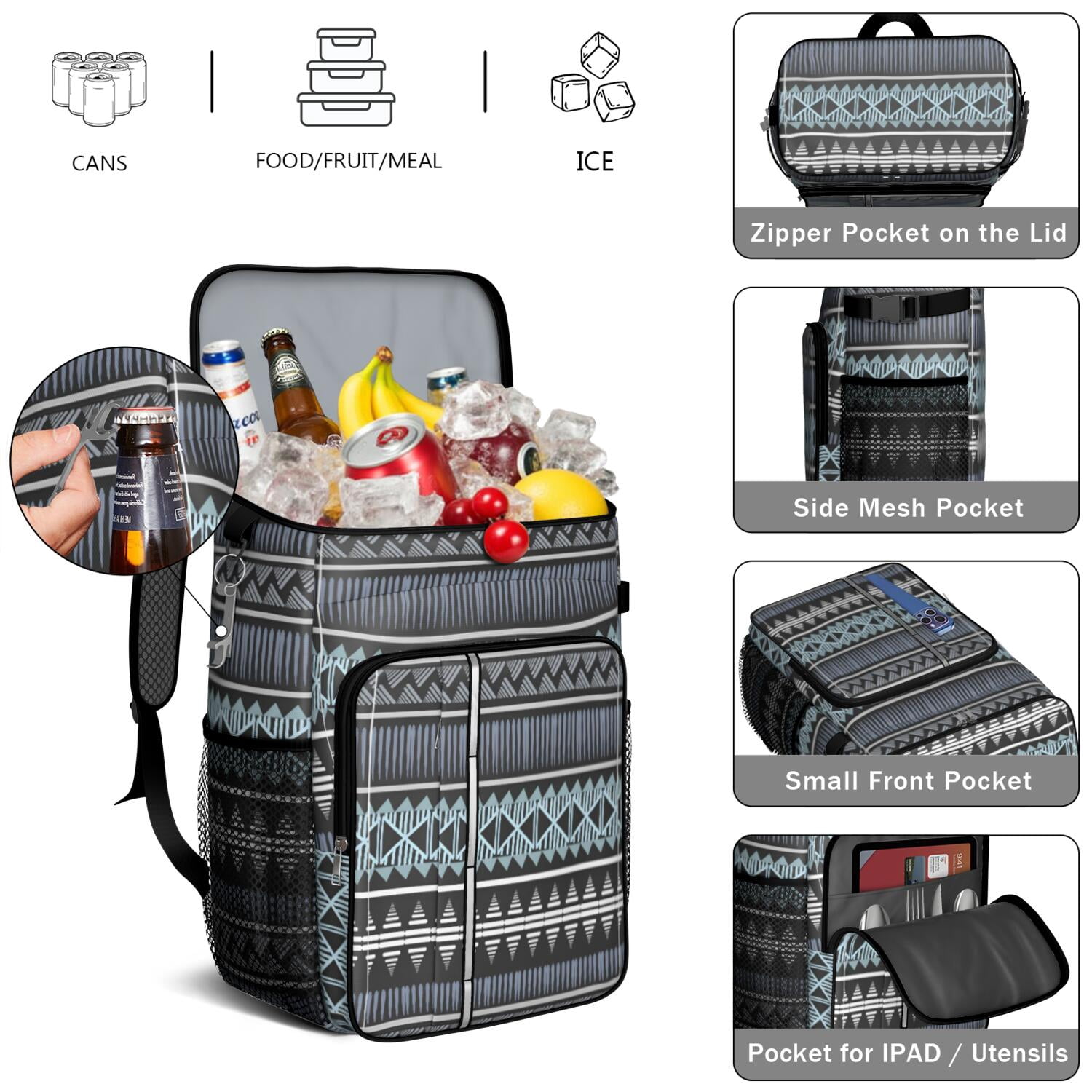 Travel Cooler Bag - Boho Bohemia Pioneer Flower Geometric Line Art Camping Beer Cooler Backpack with Bottle Opener- Waterproof Insulated Picnic Backpacks - Cooler Bag for Beach