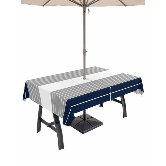 60x120 Inch Outdoor Tablecloth with Umbrella Hole Zipper Rectangle Navy Blue Grey Stripe Rectangular Tablecloths Outside Waterproof Modern Art Horizontal Striped Patio Table Cover for Picnic Party