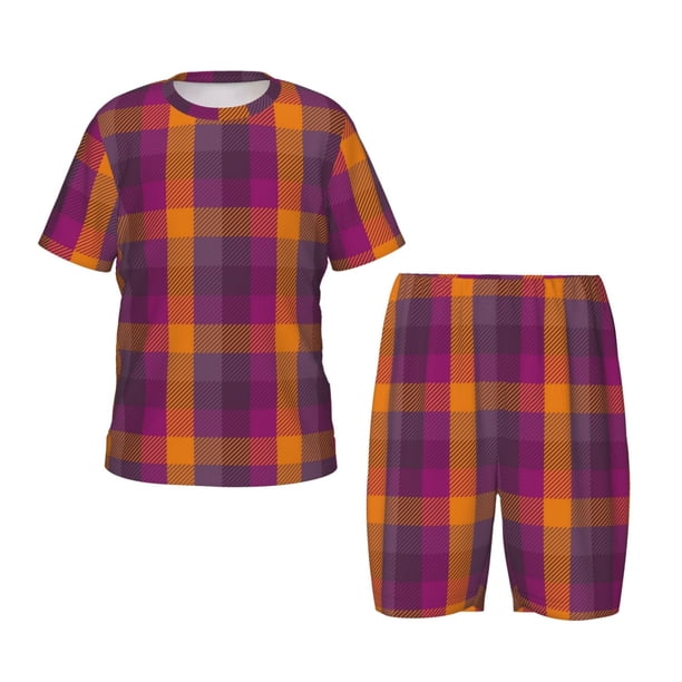 Balery Purple Yellow Buffalo Plaid Conjunto de Pijama Infantil de Manga Corta con Estampado – Ropa de Dormir de Algodón Suave-X-Large