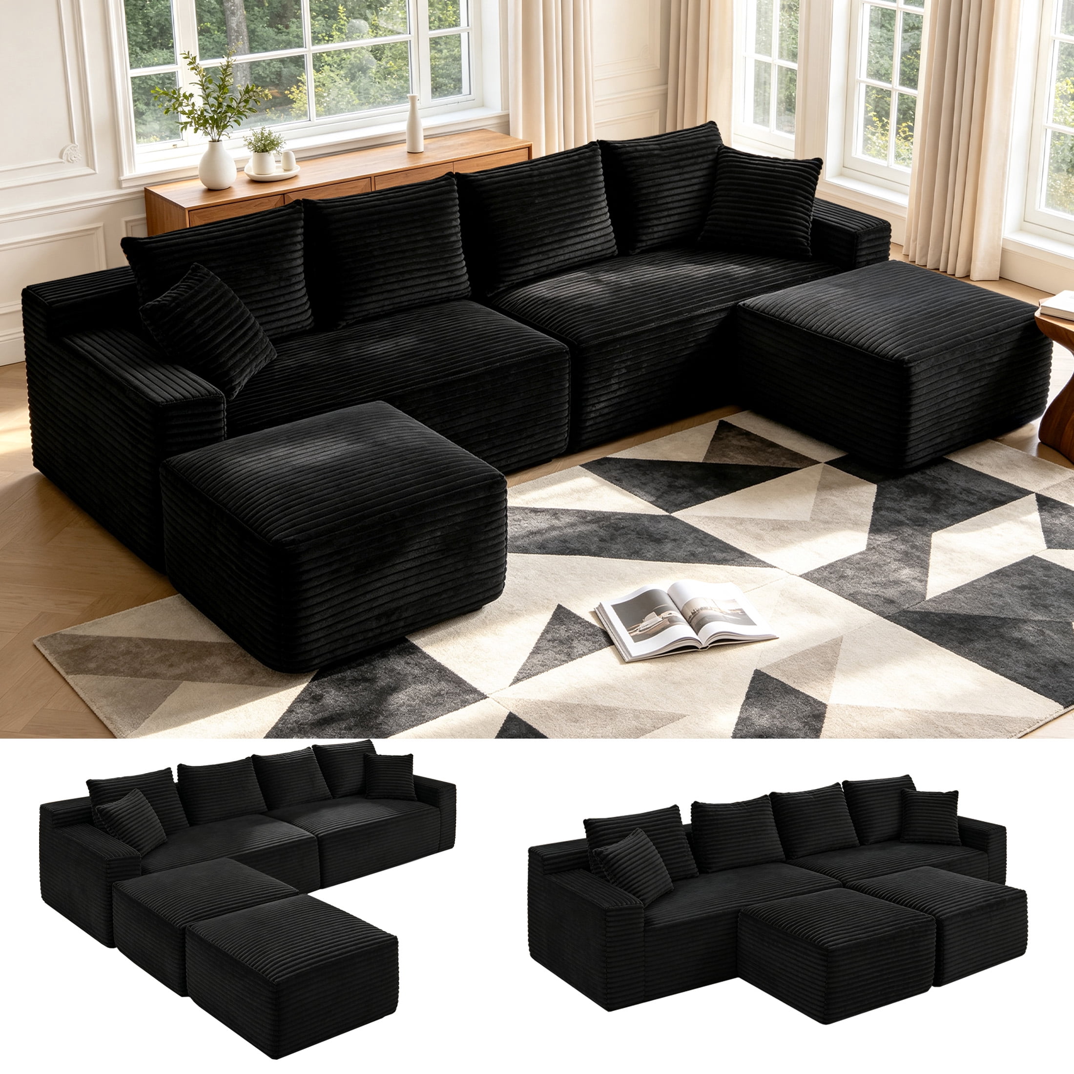 Aenkyo 115" Corduroy U-Shaped Modular Sectional Sofa with 2 Ottomans, 4-Seater, Black