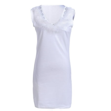 - S/M Fit White Marabou Feathers Trim Rhinestone Embellished Short Dress