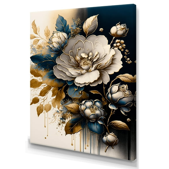 Designart Black And Gold Camellia Bouquet I Canvas Wall Art