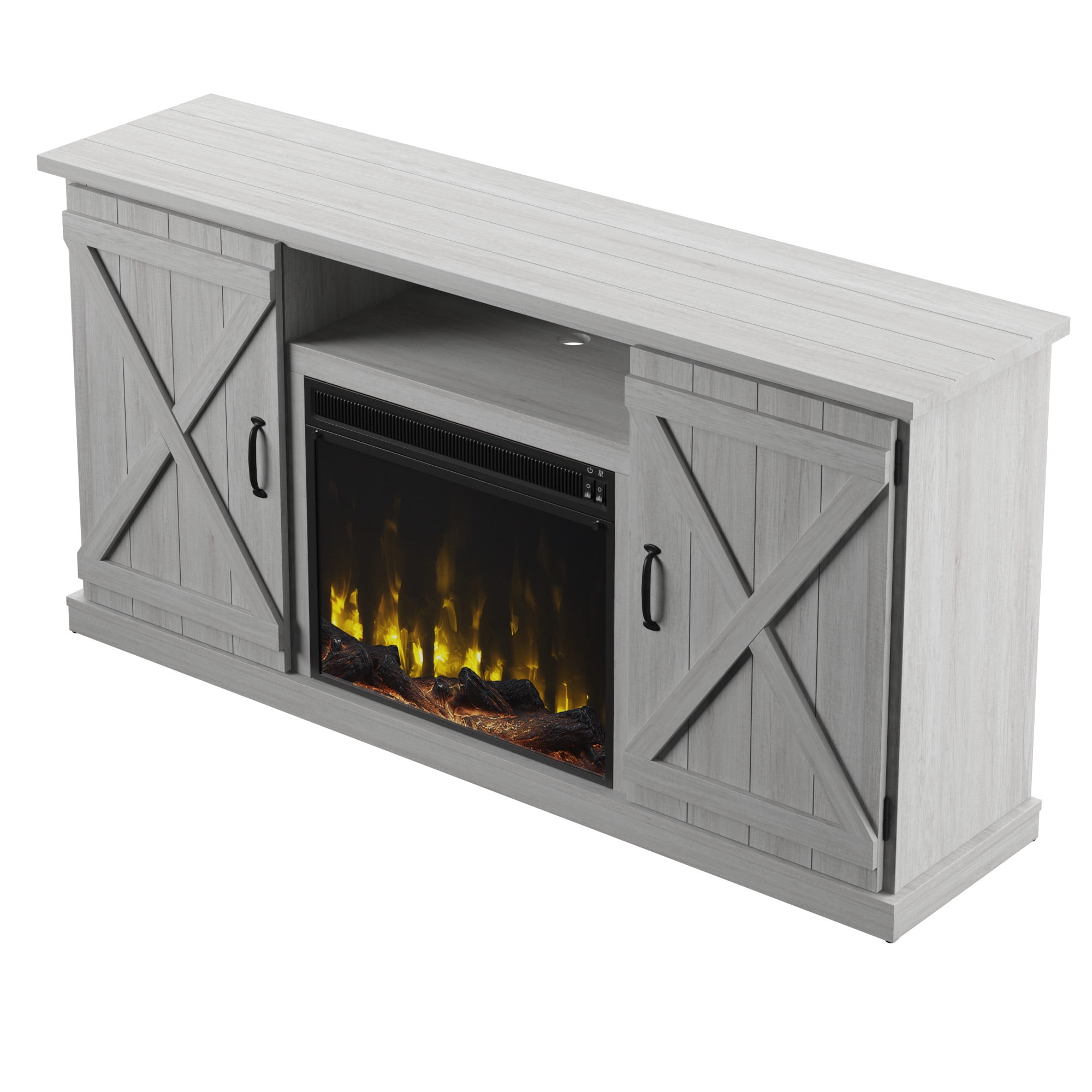 Twin Star Home Barn Door TV Stand for TVs up to 70 inches with ClassicFlame Electric Fireplace, Sargent Oak