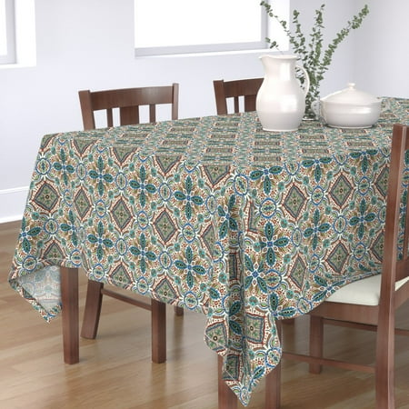 

Cotton Sateen Tablecloth 70 x 108 - Bohemian Kaleidoscope White Blue Tiles Hippie 1960S Print Custom Table Linens by Spoonflower