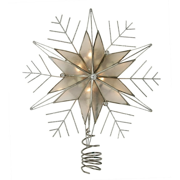 Kurt Adler Silver Metal Lighted Capiz Star Snow Flake Christmas Tree Topper, 10.5"