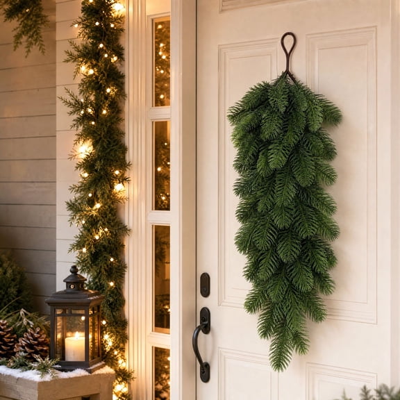 Christmas Cedar Swag, Artificial Evergreen Decoration, Classic Hanging Bough for Front Doors, Synthetic Cedar and Pine with Tapered Greenery Form for Coordinated Home Display