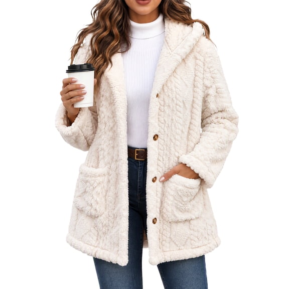 Fleece Jacket for Women Hooded Sherpa Jacket Button Down Cable Knit Long Sleeve Fall Winter Warm Coat with Pockets