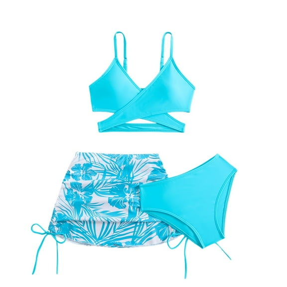 BreezyBloom Girls Crisscross Bikinis Swimsuit Coverup Tropical Prints Bathing Suit,3-Piece,Sizes 9-10
