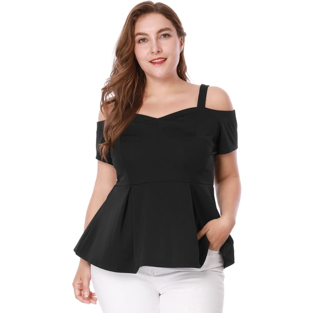 Camiseta Peplum uxcell Escote De Corazón CintuAlHombro Frío Negro XXL