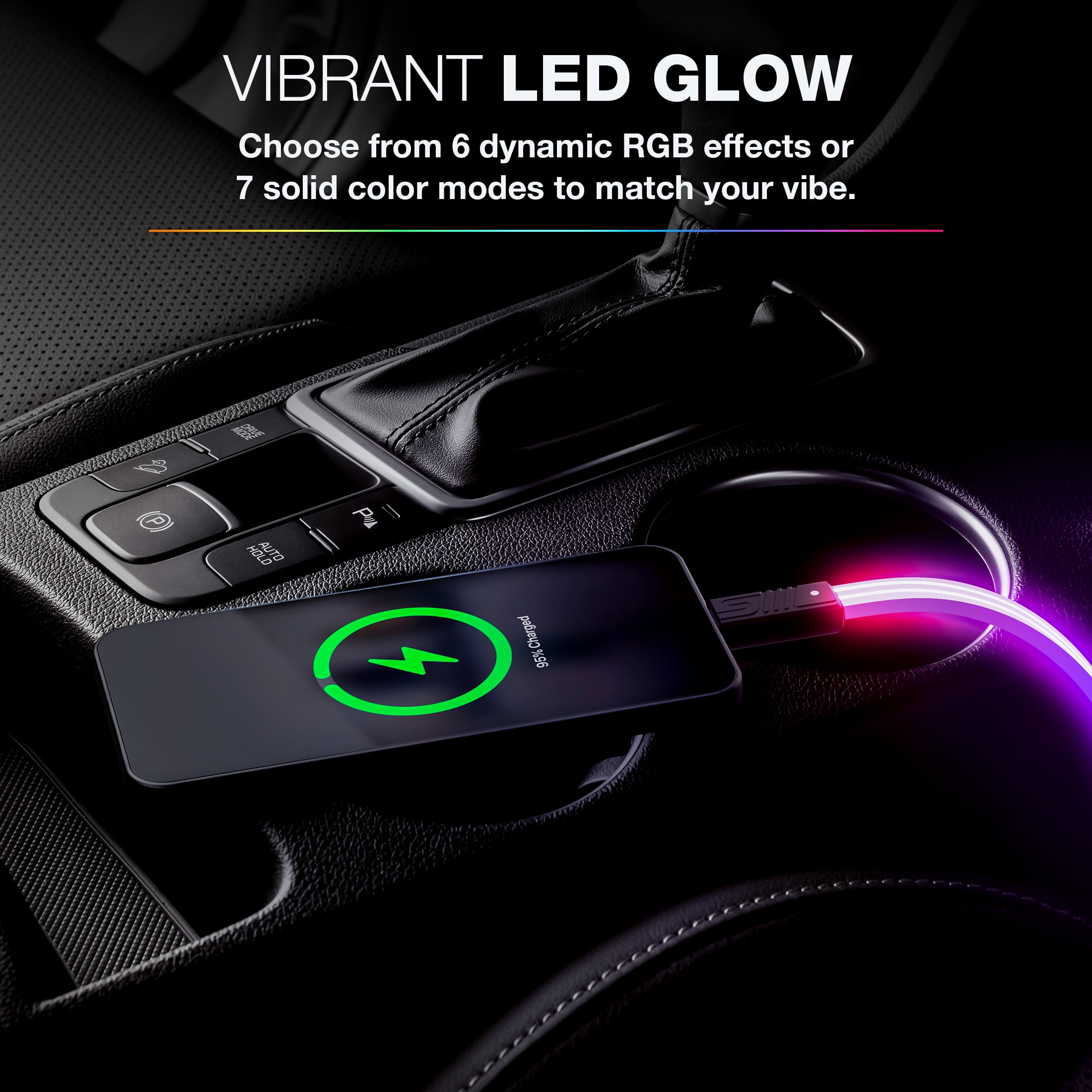 TYPE S Charge & Glow LED Charging Cable, USB-C to USB-C with Lightning Adapter, 3 FT, 10+ Light Modes with Touch Button Control, AC535225