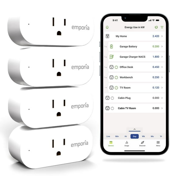 Enchufe inteligente Emporia para monitoreo de energía WiFi Alexa/Google 15A, paquete de 4