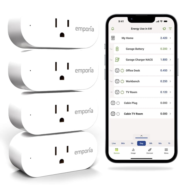 Enchufe inteligente Emporia para monitoreo de energía WiFi Alexa/Google 15A, paquete de 4