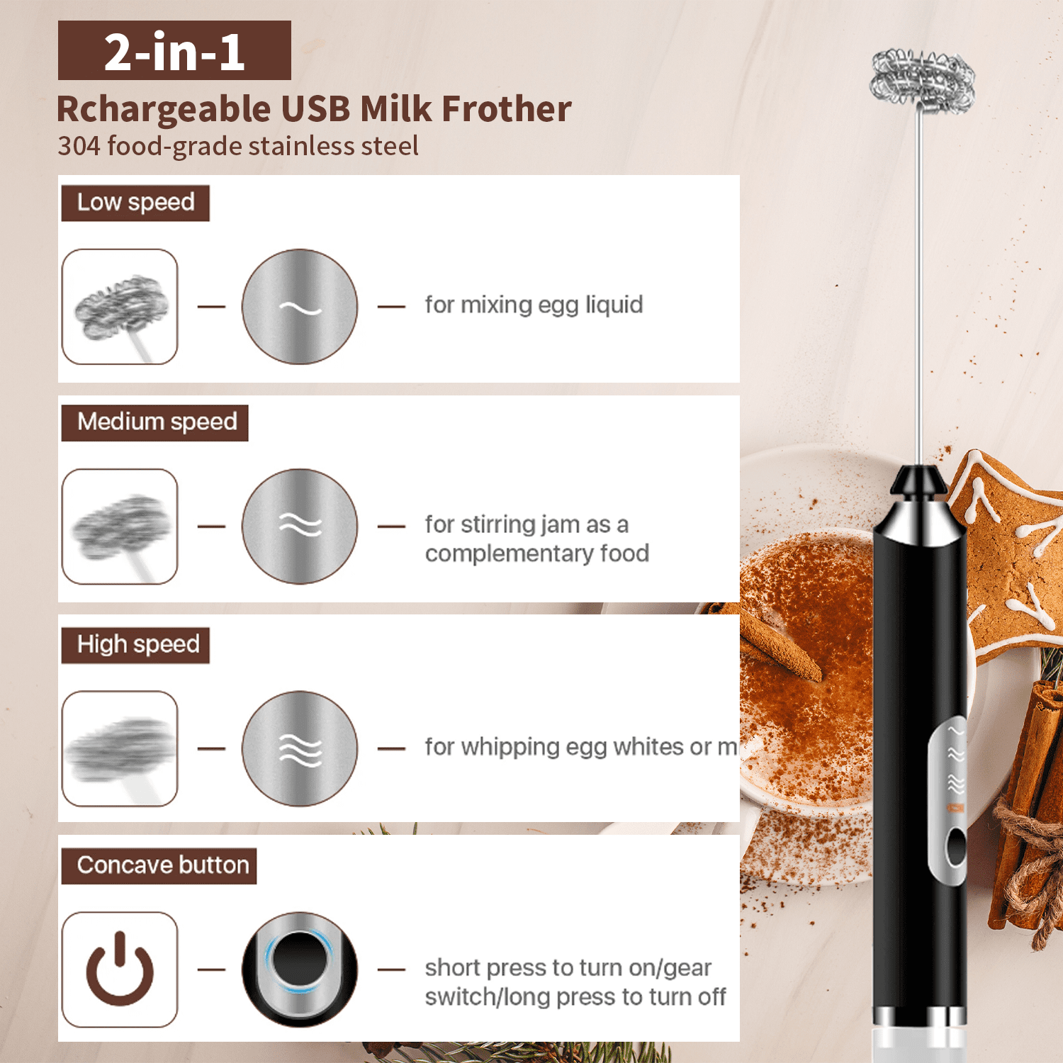 Quanmin Rechargeable Milk Frother Wand Ultra Fast Handheld Drink Mixer Electric Whisk Foam Maker for Coffee, Egg, Lattes, Cappuccino, Matcha, Hot Chocolate,Black
