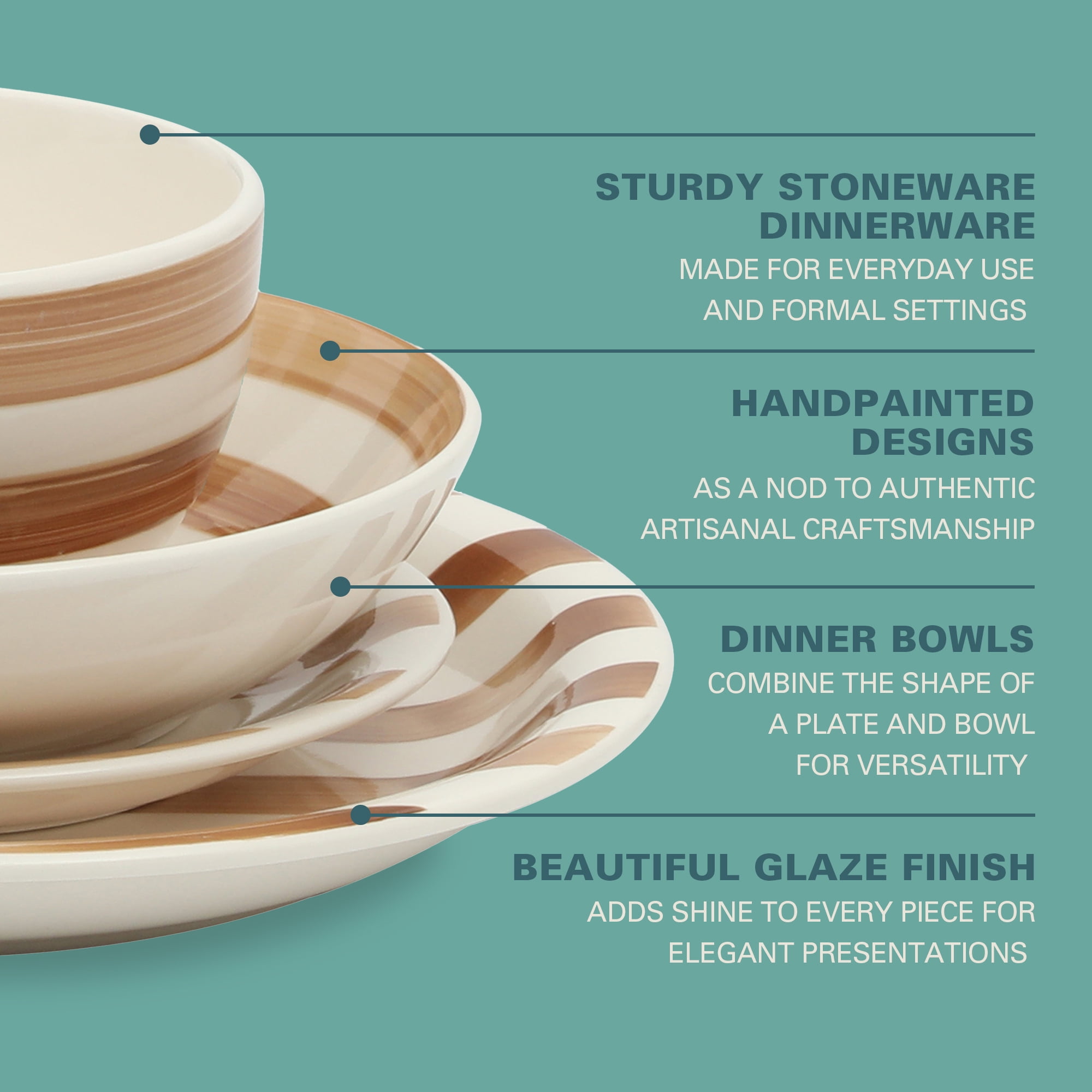Gibson Home Kenwood Shores 16 Piece Stoneware Dinnerware Set, Hand-Painted Plates and Bowls, Service for 4 - Brown Striped