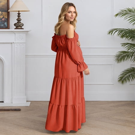 Conairie Maternity Dress for Baby Shower Photoshoot Pregnancy Summer Midi Dress off Shoulder Long Sleeve Elegant Flowy Wedding Dress Brick Red L