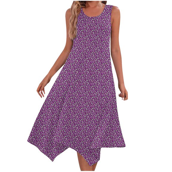 Summer Fashion Dresses for Womens 2026 Plus Size Print Sleeveless Pocket Irregular Hem Round Neck Dress