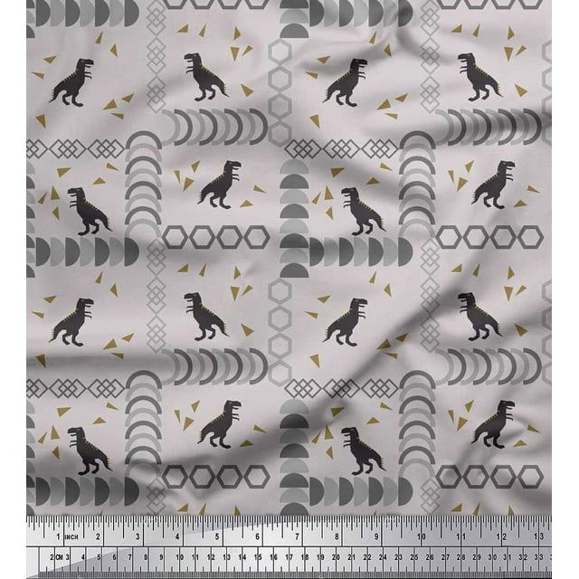 Soimoi Poly Georgette Fabric Geometric Shapes & Dinosaur Animal Printed Fabric 1 Yard 42 Inch Wide