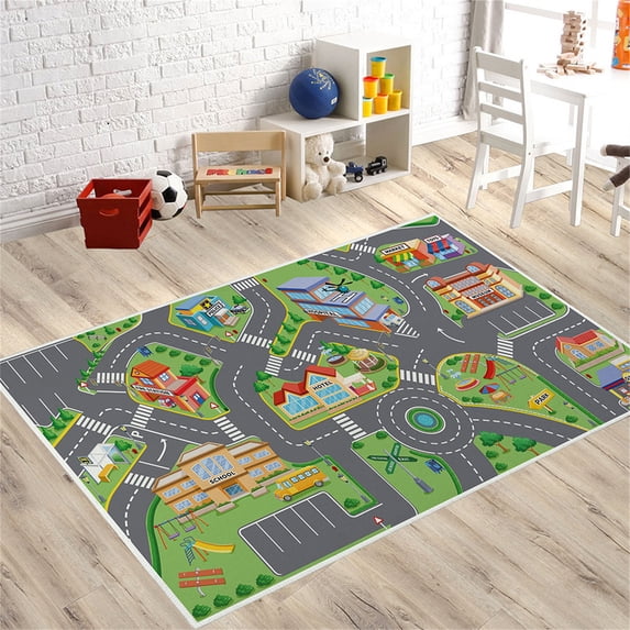 Kids Road Map Play Mat 20x32 Inch, Non-Slip Crawling Carpet with City Street Design, Educational Floor Rug for Baby Toddler Bedroom Living Room, Washable Polyester Activity Mat for Children Play