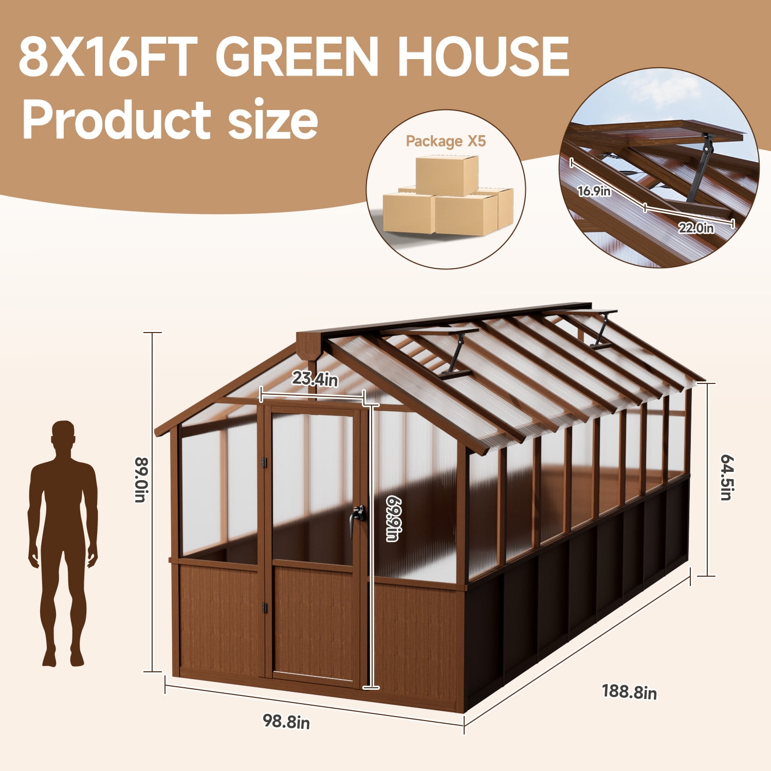 EASYHAWK 8 ft. x 16 ft. Wood Greenhouse for Outdoors, Polycarbonate Panel Wooden Walk-In Greenhouse Kit with Adjustable Roof Vent, Backyard Garden & Patio