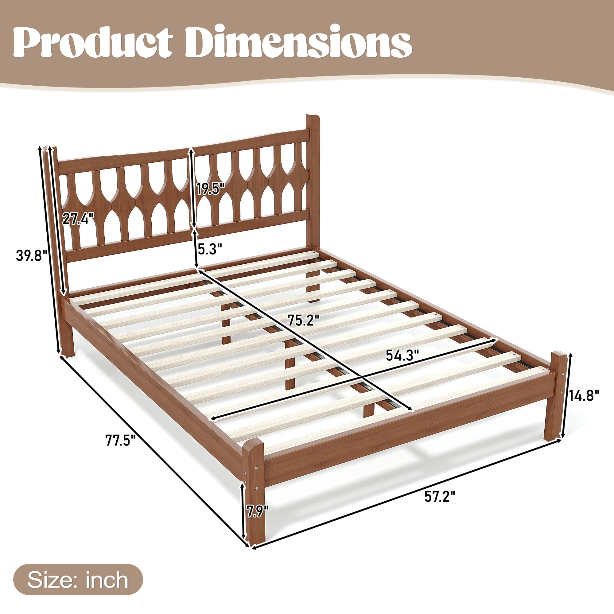 Miniyam Full Size Bamboo Platform Bed Frame with Geometric Headboard, Brown