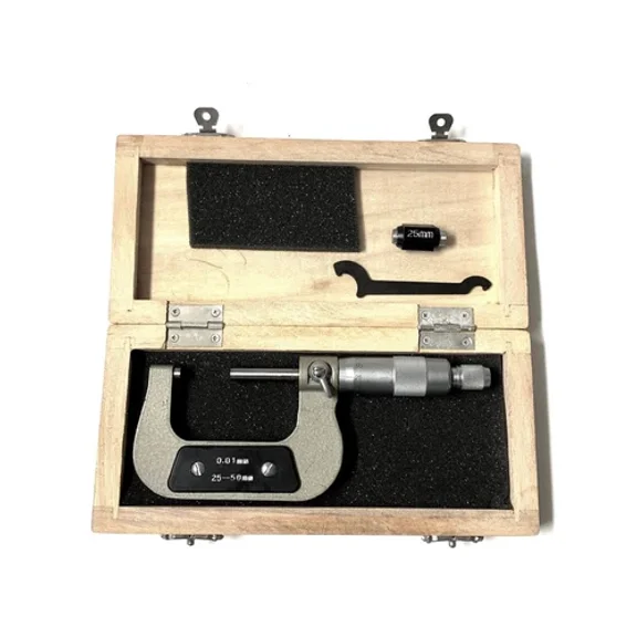 Micrometer 25-50Mm 0.01Mm Grad. Outside Micrometer Ratchet Stop W/ Wood Case