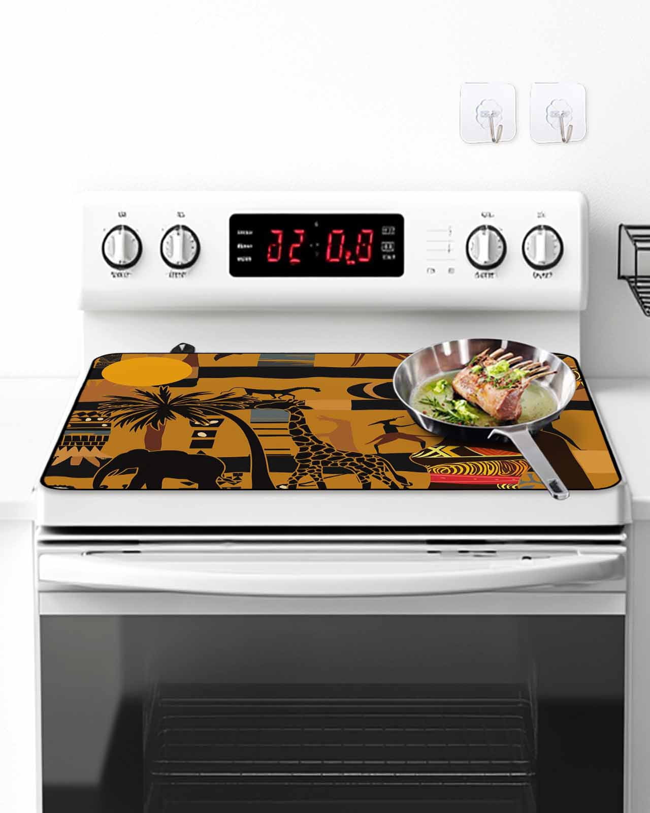 Stove Top Covers for Electric Stove, Black African Women Glass Stovetop Cover Protector, Boho Brown Elephant Giraffe Ethnic Induction Cooktop Protector Oven Mat for Kitchen Countertop 24"x21"