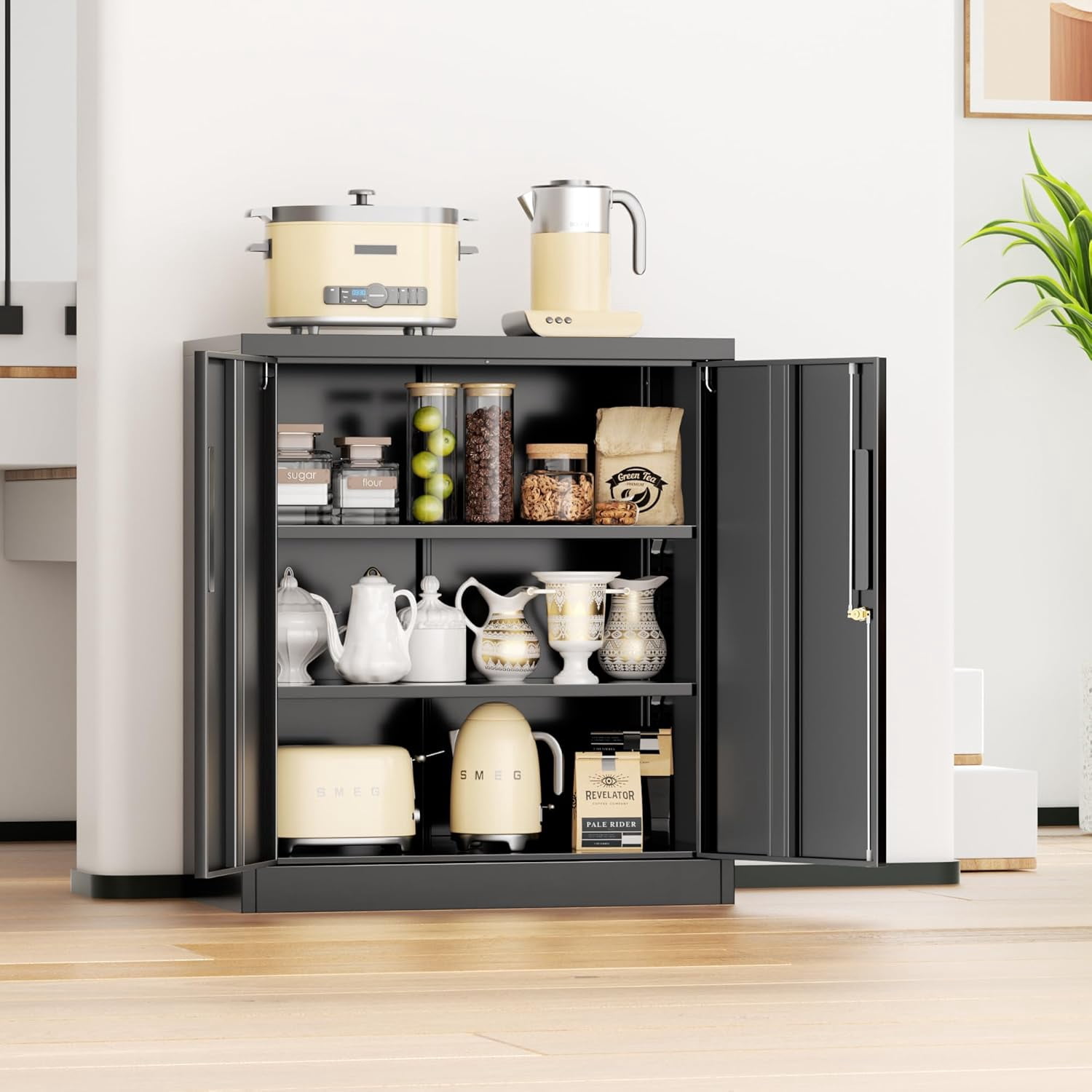 SOLAURA Metal Storage Cabinet with Locking Doors and 2 Adjustable Shelves, 36"H x 32"W x 16"D Office Cabinet for Home, Garage, Warehouse(Black)