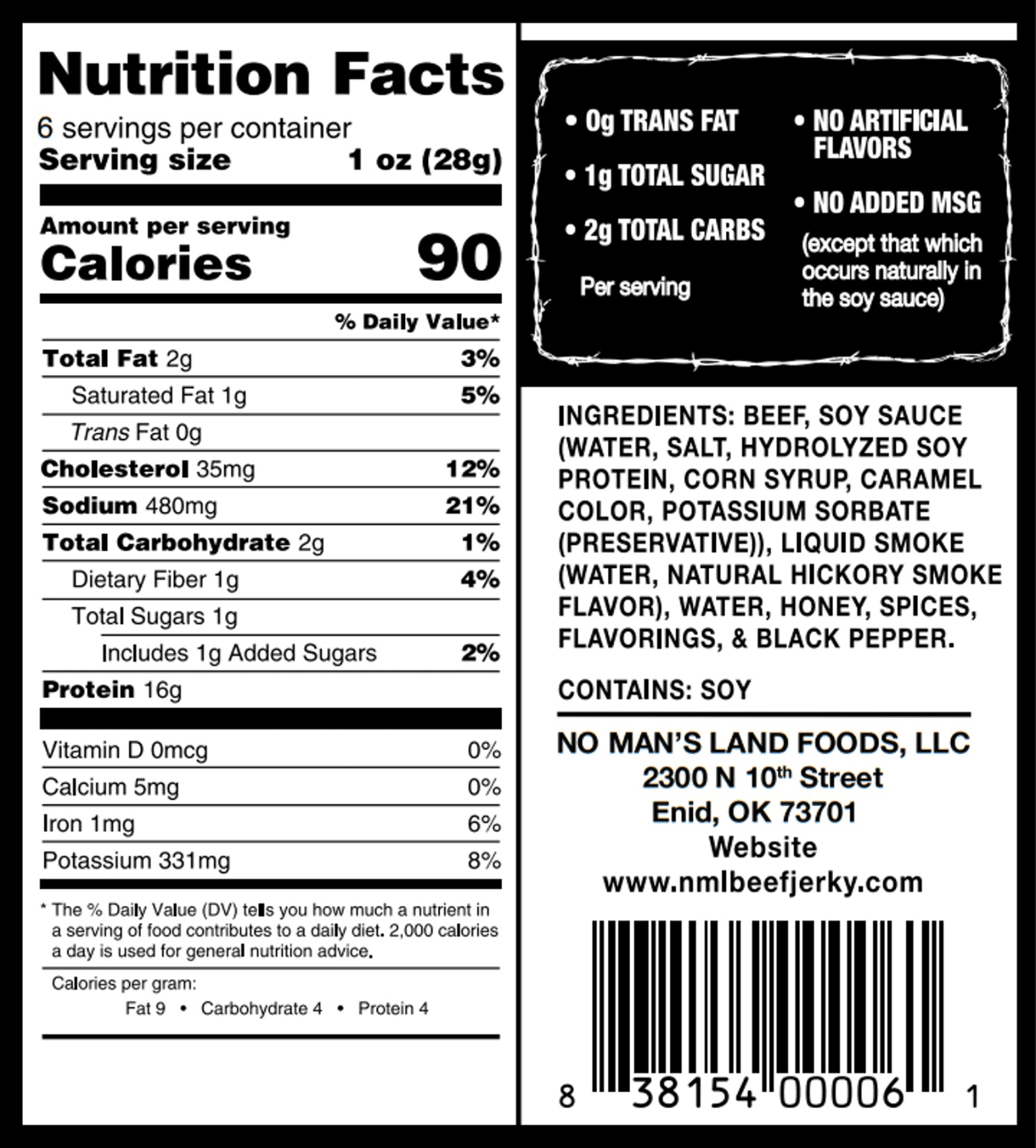 No Man's Land Beef Jerky, Black Pepper, 16g of Protein per Serving, 6oz Bag