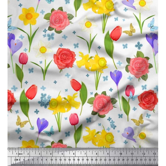 Soimoi Crepe Silk Fabric Daffodil,Tulip & Rose Floral Printed Craft Fabric by The Yard 42 Inch Wide