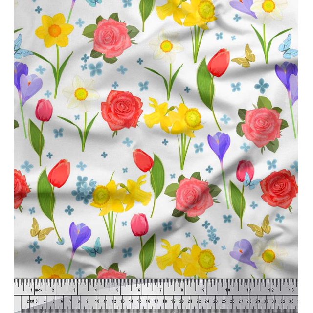 Soimoi Velvet Fabric Daffodil,Tulip & Rose Floral Printed Craft Fabric by The Yard 58 Inch Wide