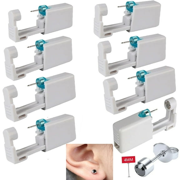 Ear Piercing Kit, 8Pack Disposable Self Gun with Earring Studs, Contain Clean Tool and Gun(4mm), No Pain Supplies, Silver