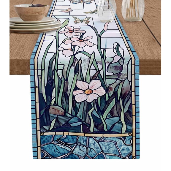 Ldtrchee Blue Spring Floral Table Runner 90 Inches, Summer Butterfly Farmhouse Bed Runner Dresser Scarves Tabletop for Indoor Outdoor Parties/Ceremony/Banquet, 13" x 90"
