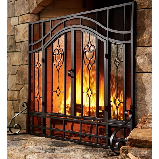 2 Door Large Fl Fireplace Fire Screen With Beveled Glass Panels Black 44 X 33 H