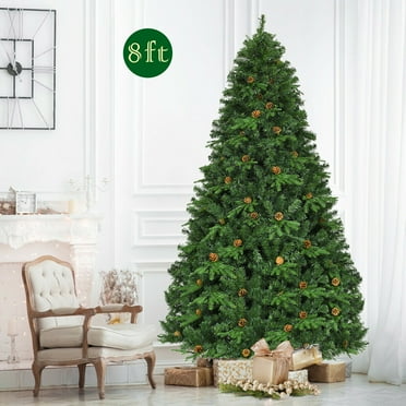 Gymax Pre-Lit 8' Premium Spruce Artificial Christmas Tree Hinged 660 LED Lights Pine Cones
